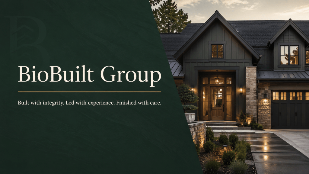 BioBuilt Group construction and renovation contact page banner with finished home exterior and branded deep green, cream, and bronze design.