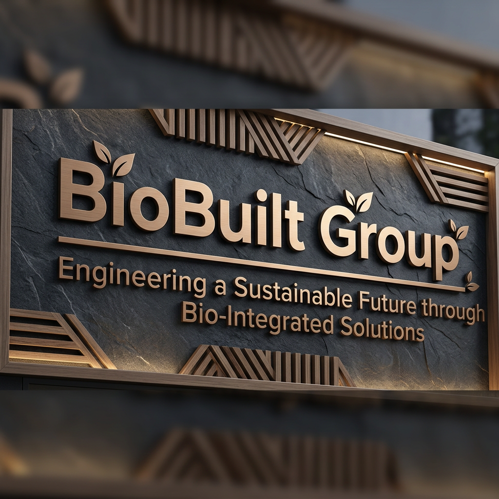 BioBuilt Group logo with tagline on textured stone background